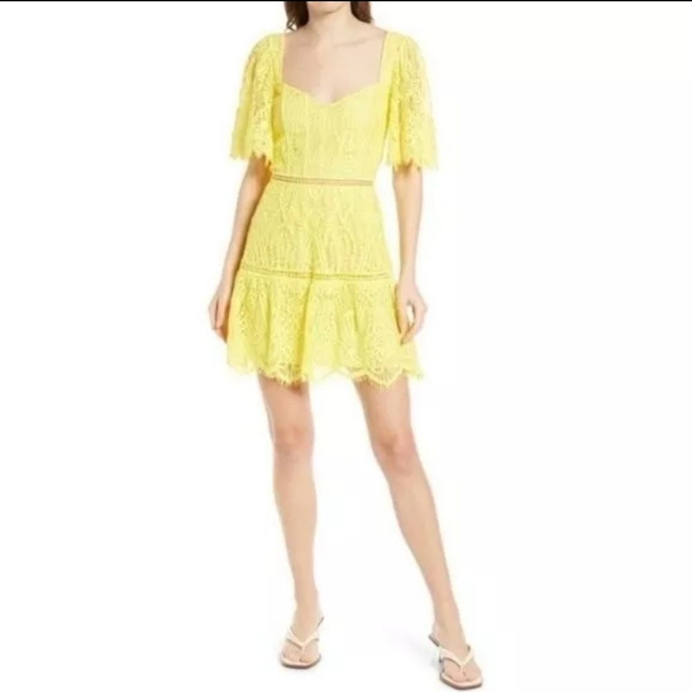 Saylor Revolve Zuzana Lace Flutter Sleeve Mini Dress Lemon Yellow Medium